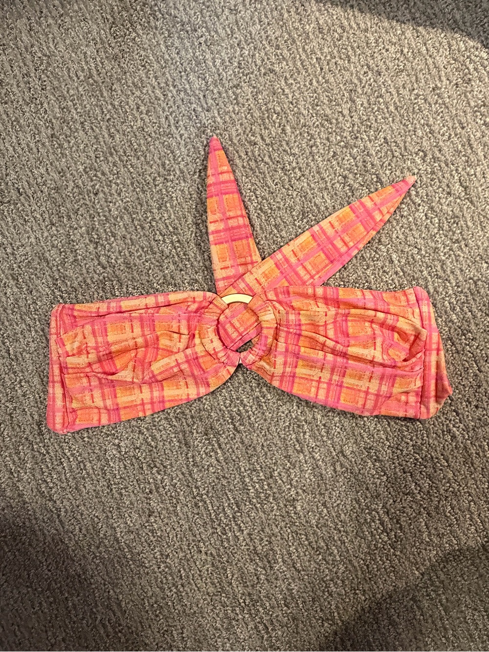 Kulani Kinis Pink and Orange Plaid Ring-Front Bikini Top
